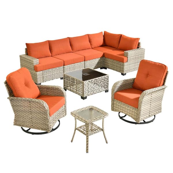 Merritt 9-Piece Wicker Outdoor Furniture Patio Conversation Sofa Set with Swivel Chairs and Orange Red Cushions