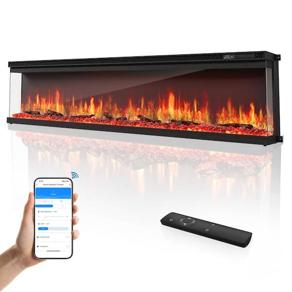 72 in. Wall-Mount 3-Sided Electric Fireplace in Black with Adjustable Flame Colors, Touch Screen Remote Control, Vented
