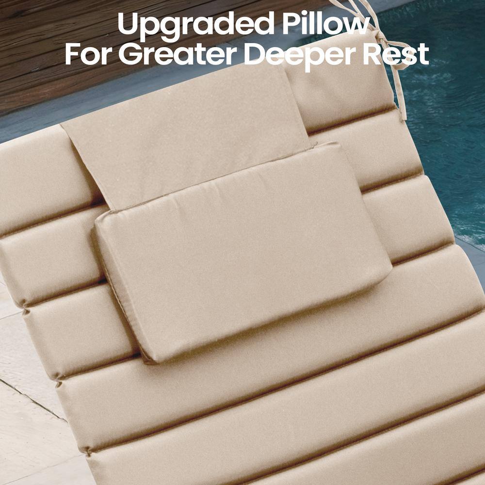 Beige Polyester Outdoor Chaise Lounge Cushions with Headrest, Set of 2