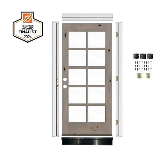 DIY RTA Kit 32in.x80in. Knotty Alder Right-Hand/Inswing 10-Lite Clear Glass Grey Stain Wood Ready To Assemble Front Door