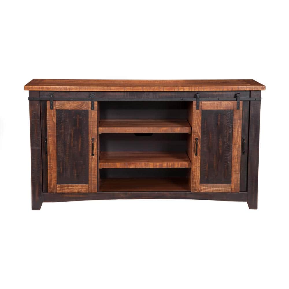 Rustic Antique Black and Distressed Pine 65" TV Stand with Sliding Barn Doors