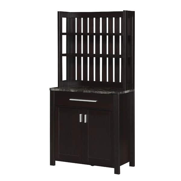Convenience Concepts Sawyer Black Faux Marble/Espresso 1-Drawer Wine Bar Storage Cabinet and Shelves