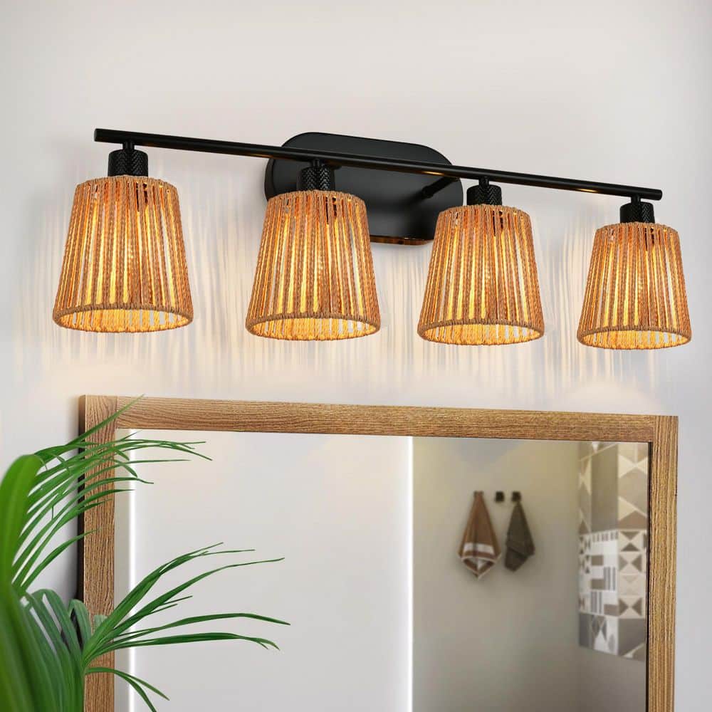 Nafissa 29.53 in. 4 Light Brown Boho Vanity Light with Rattan Shade, Modern Famhouse Bathroom Over Mirror Lights price history on PriceWatchPro