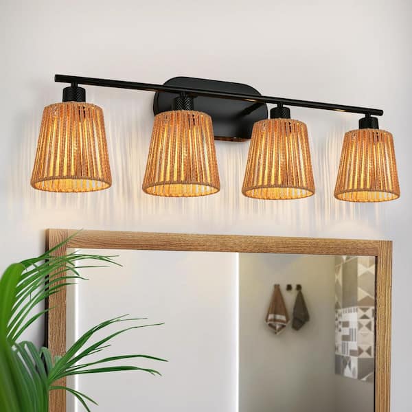 Nafissa 29.53 in. 4 Light Brown Boho Vanity Light with Rattan Shade, Modern Famhouse Bathroom Over Mirror Lights
