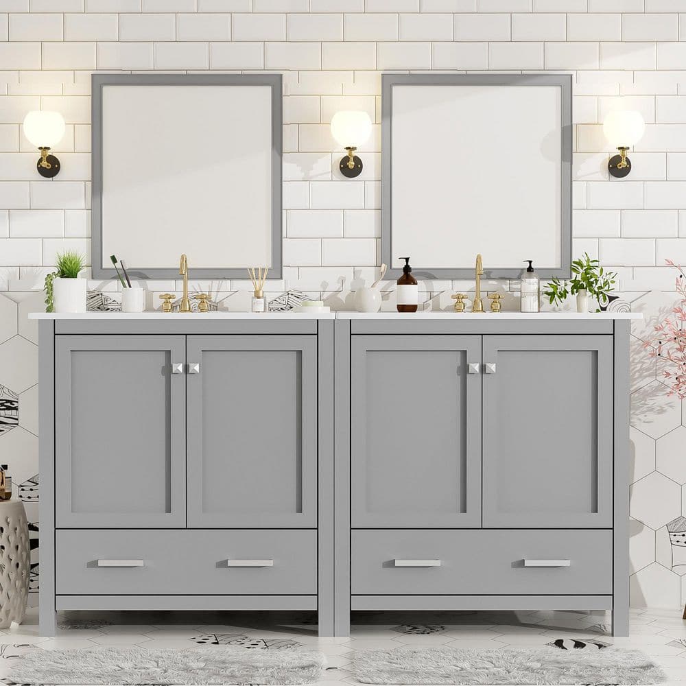 60 in. Double Sink Freestanding Separate Gray Bath Vanity Set with White Ceramic Top price history on PriceWatchPro