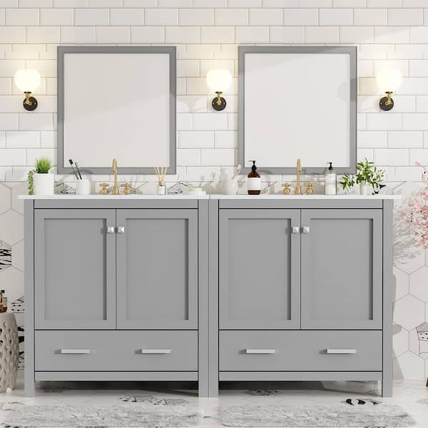 60 in. Double Sink Freestanding Separate Gray Bath Vanity Set with White Ceramic Top
