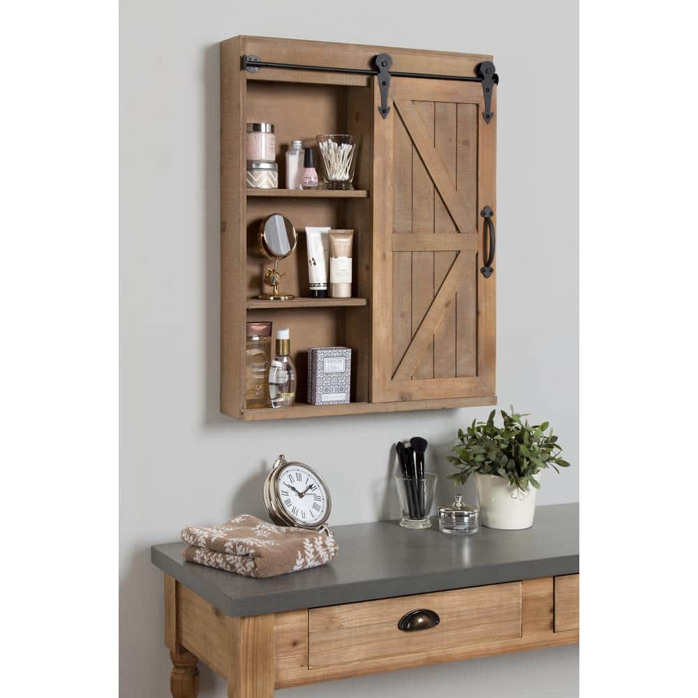 Rustic Brown Wood Wall Storage Cabinet with Vanity Mirror and Sliding Barn Door