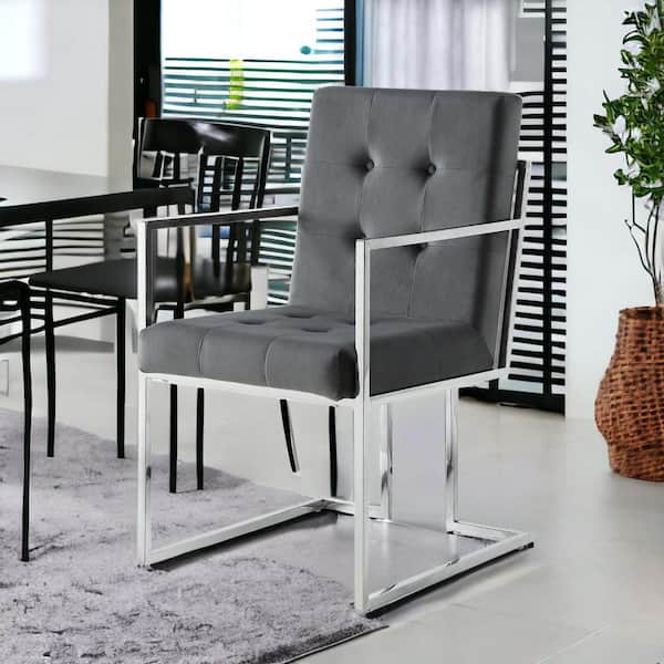 HomeRoots Tufted Gray And Silver Metallic Upholstered Velvet Arm Chair (Set Of 2)