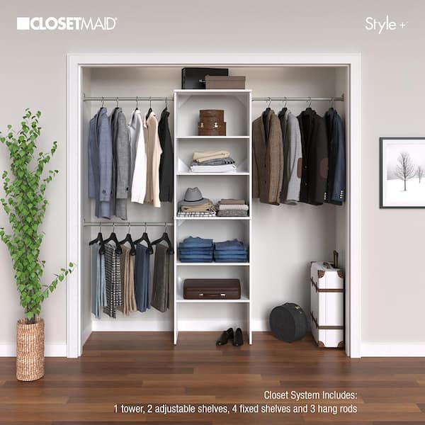 Style+ 84 in. W - 120 in. W White Tower Wall Mount 6-Shelf Wood Closet System