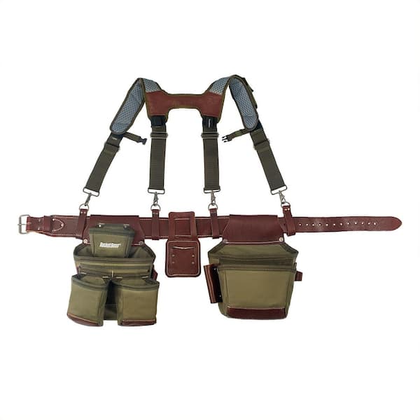 BUCKET BOSS 2-Bag Hybrid Suspension Rig Work Tool Belt with Suspenders in Green