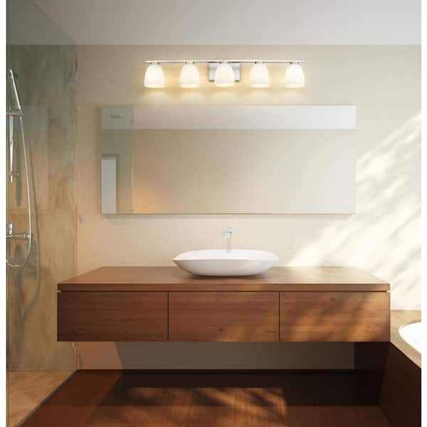 Naya 40 in. 5 Light Brushed Nickel Vanity Light with Matte Opal Glass Shade