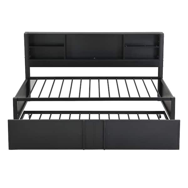 Nestfair Black Twin Size Daybed with Trundle, Storage Shelves and USB Ports