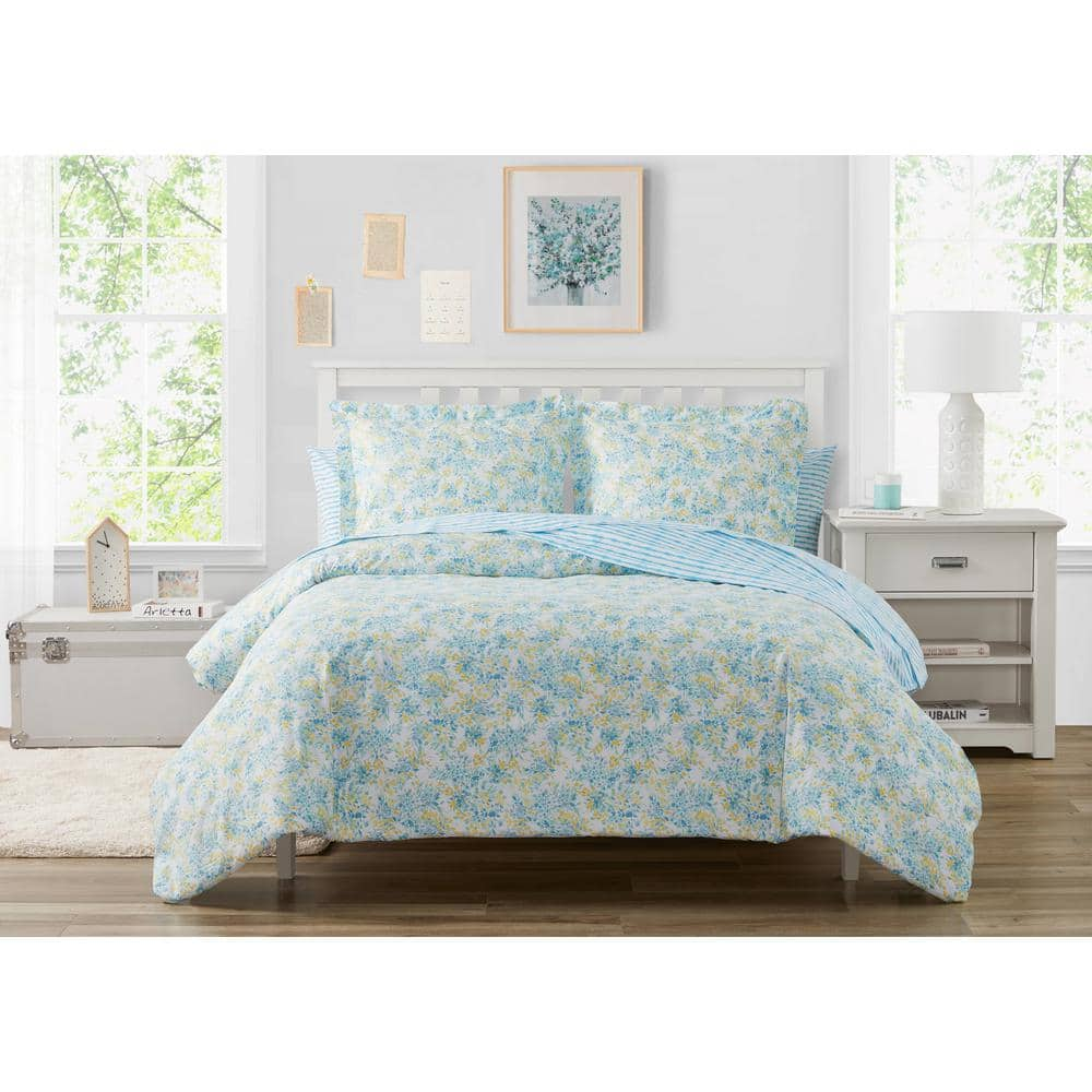 Poppy & Fritz Happy Floral 3-Piece Blue Microfiber Reversible Full