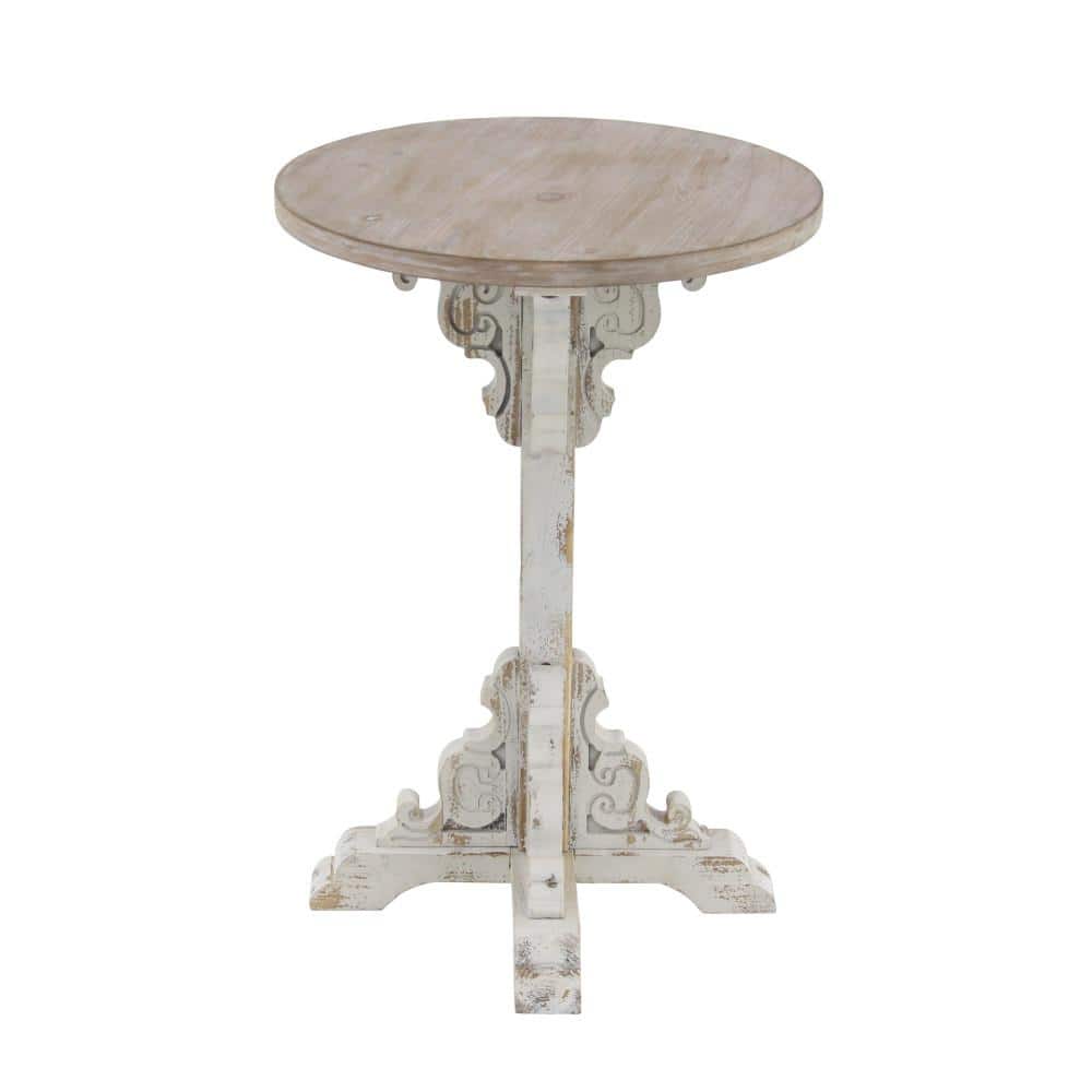 White and Beige Carved Wood Round Accent Table