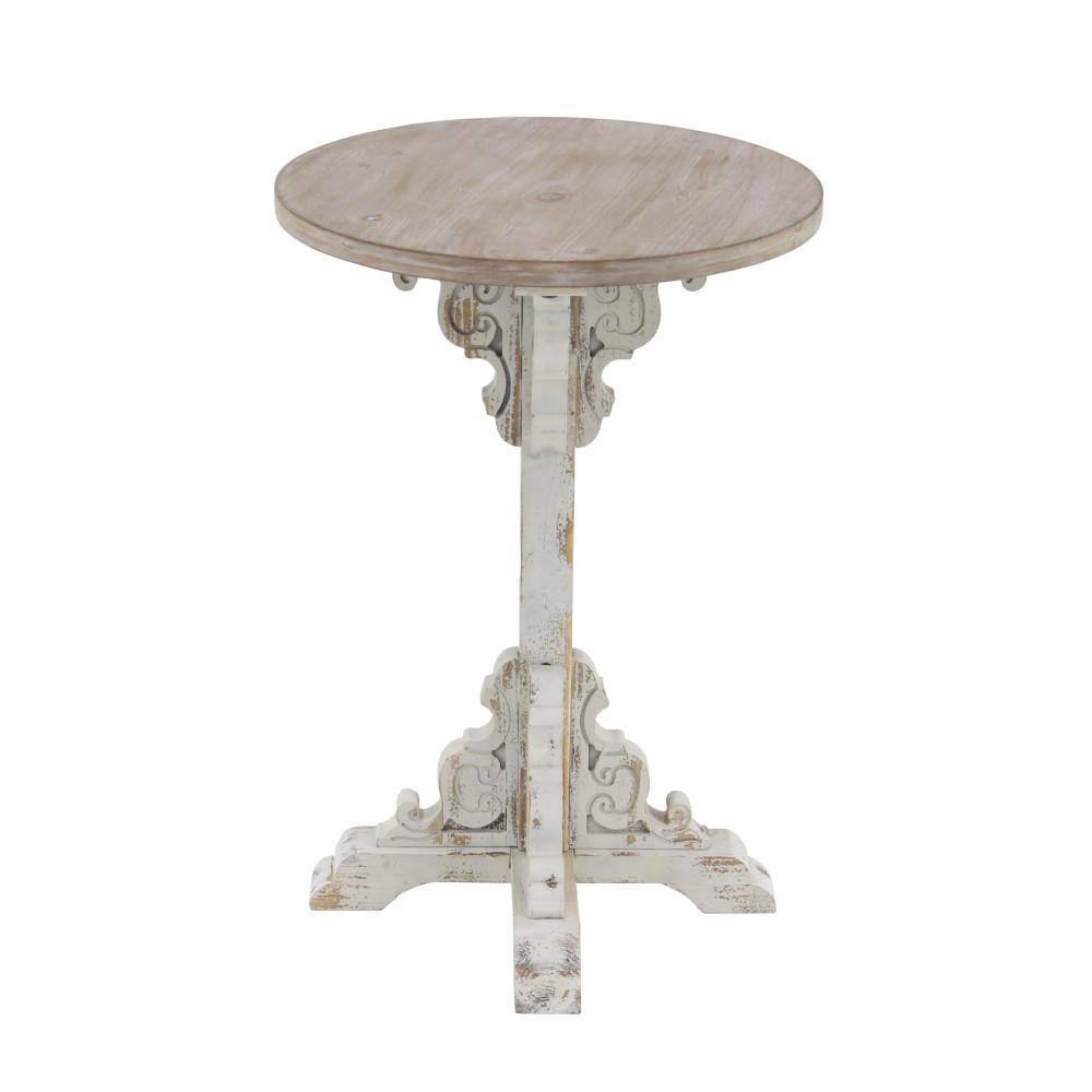 White and Beige Carved Wood Round Accent Table