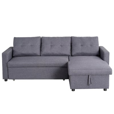 84.5 in. Gray Fabric 3-Seats L shape Sectional Sofa Bed with Pull Out Bed, Chaise Lounge and Storage Function