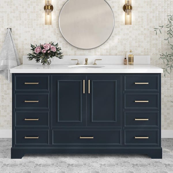 ARIEL Stafford 61 in. W x 22 in. D x 36 in. H Single Sink Freestanding Bath Vanity in Midnight Blue with Pure White Quartz Top