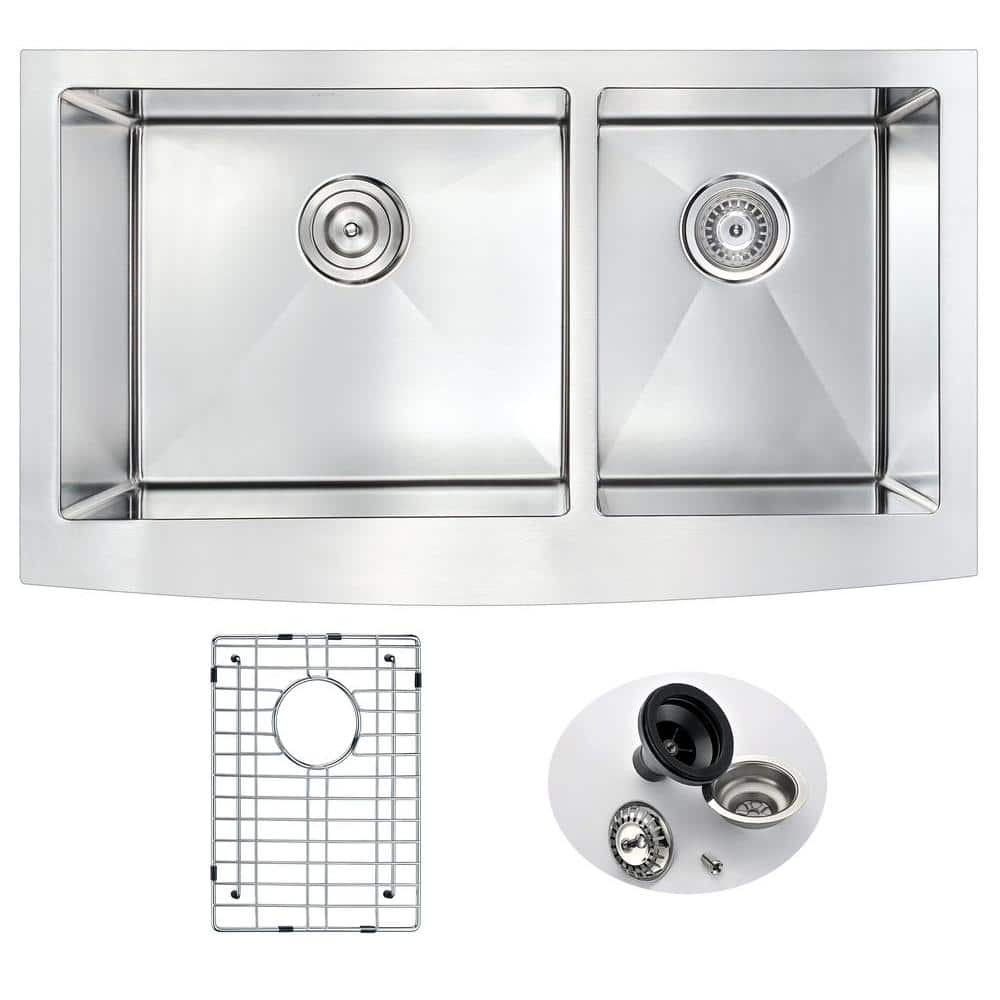ELYSIAN Series Farmhouse Stainless Steel 36 in. 0-Hole Double Bowl Kitchen 
