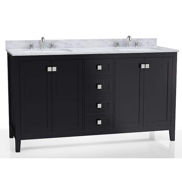 TILE & TOP Coltrane 60 in. W x 22 in. D x 34.75 in. H Vanity in Espresso with Carrara Marble Vanity Top in White with White Basins
