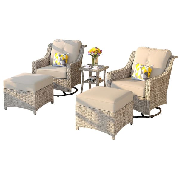Eureka Grey 5-Piece Modern Wicker Outdoor Patio Conversation Swivel Rocking Chair Seating Set with Beige Cushions