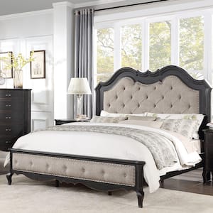 Chelmsford Beige Wood Frame Queen Panel Bed with Nailhead Trim and Tufted Upholstered