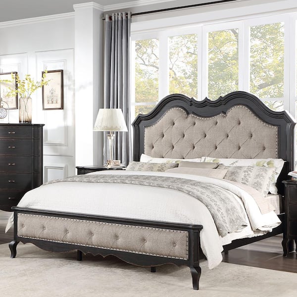 Acme Furniture Chelmsford Beige Wood Frame Queen Panel Bed with Nailhead Trim and Tufted Upholstered