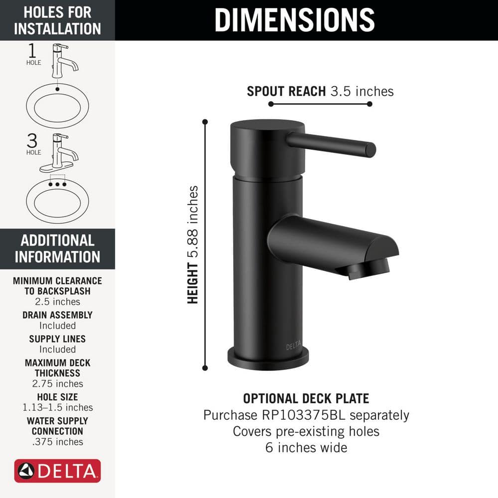 Sleek Matte Black Single Hole Brass Bathroom Faucet with Drain