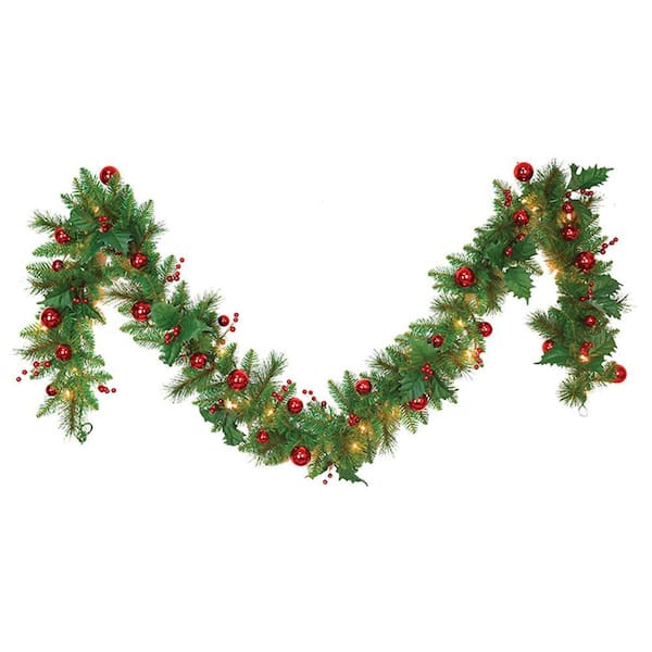 10 in. x 9 ft. Artificial Christmas Garland with Red Balls and Berries, 160 Tips, 35 UL Lights