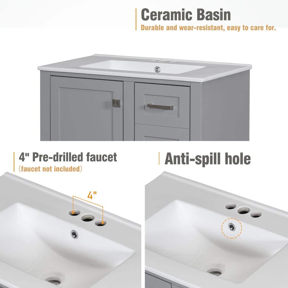 30 in. Grey MDF Freestanding Single Sink Bath Vanity with White Ceramic Top
