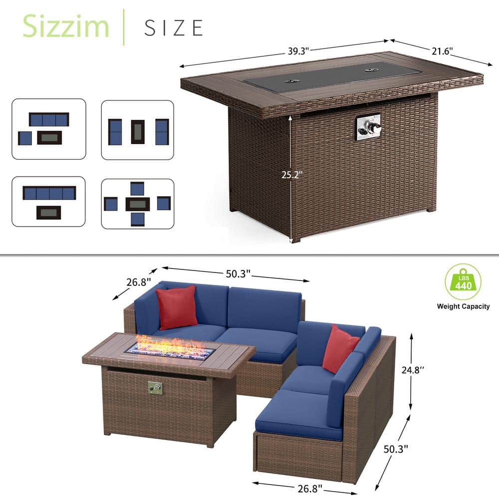 Brown Wicker 5-Piece Patio Set with Blue Cushions and Fire Pit