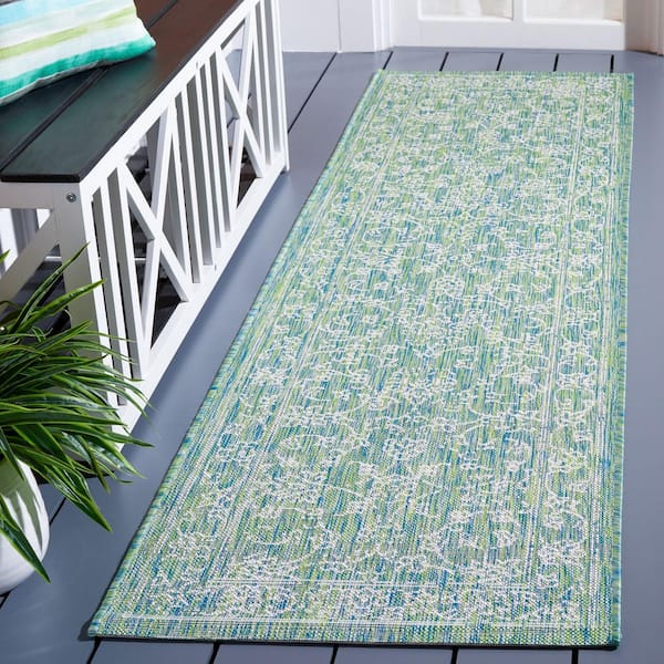 Courtyard Green/Ivory 2 ft. x 8 ft. Border Floral Scroll Indoor/Outdoor Runner Rug