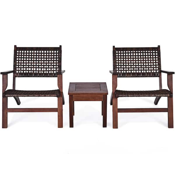 Costway Brown 3-Piece Wood Patio Conversation Seating Set
