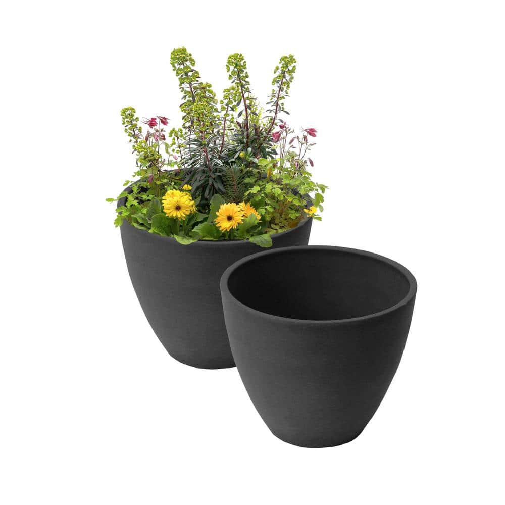 Spun Charcoal Small Round Composite Resin Planters, 2 Pack