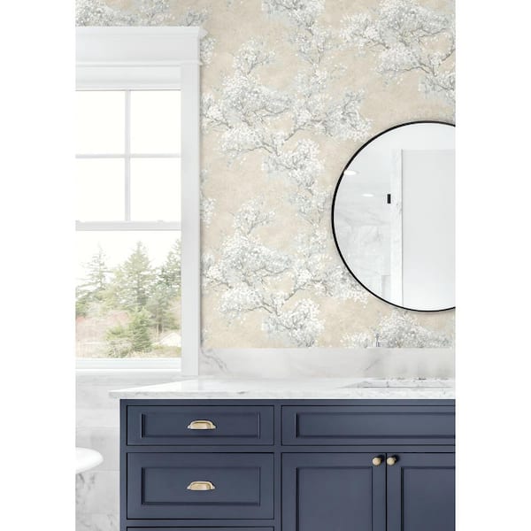 30.75 sq. ft. Parchment & Morning Fog Cherry Blossom Grove Vinyl Peel and Stick Wallpaper Roll