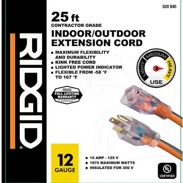 25 ft. 12/3 Heavy Duty Indoor/Outdoor Extension Cord with Lighted End,  Orange/Grey