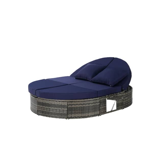 Wicker Outdoor Round Day Bed with Dark Blue Cushions, Pillows Reclining Patio Lounger Adjustable Backrests Cup Trays