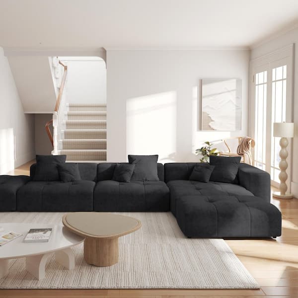 159 in. Oversized Square Arm Linen L-Shaped Modular Sectional Sofa 3-Seater with Ottoman in Black