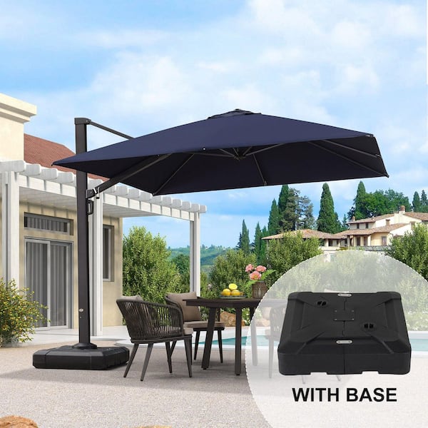 PURPLE LEAF 10 ft. Square Large Outdoor Aluminum Cantilever 360-Degree Rotation Patio Umbrella with Base, Navy Blue