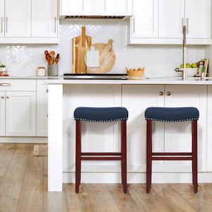 Jameson 29 in. Bar Height Cherry Wood Backless Barstool with Upholstered Navy Blue Linen Saddle Seat Stool (Set of 2)
