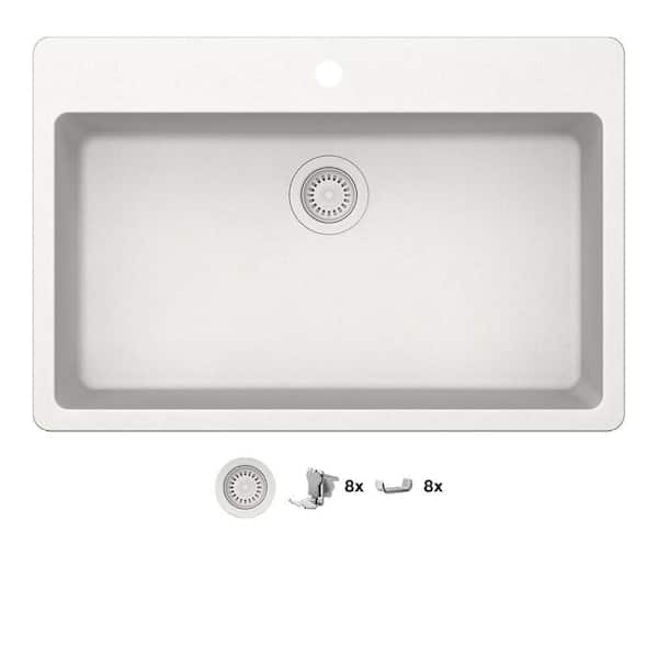 Glacier Bay Stonehaven 33 in. Drop-In Single Bowl White Ice Granite Composite Kitchen Sink with White Strainer