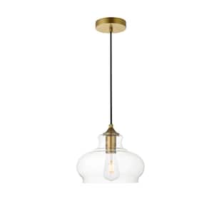Timeless Home Dylan 1-Light Brass Pendant with 9.4 in. W x 6.9 in. H Clear Glass Shade