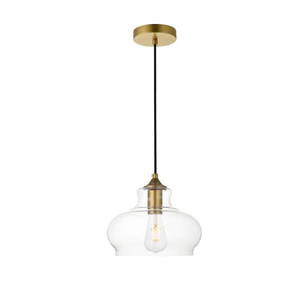 Unbranded Timeless Home Dylan 1-Light Brass Pendant with 9.4 in. W x 6.9 in. H Clear Glass Shade