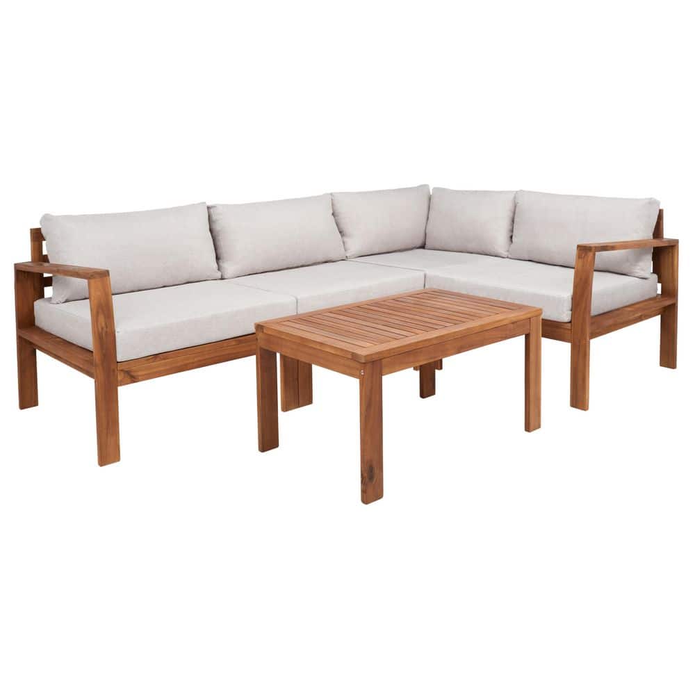 Endelia Natural Wood 4-Piece Patio Set with Light Gray Cushions
