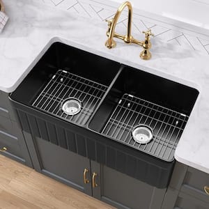 33 in. Farmhouse/Apron-Front Reversible Double Bowls Fireclay Kitchen Sink Matte Black With Bottom Grid and Strainer
