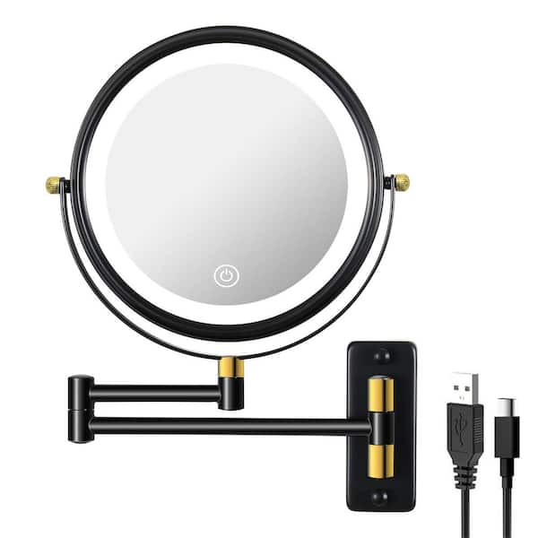 Tileon 8 in. W. x 12 in. H Round 1/10 x Magnifying Extension Arm and 360° Swivel Wall Mounted Bathroom Makeup Mirror Black Gold
