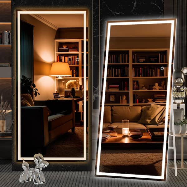 Hasipu 32 in. W x 71 in. H Square White LED Lighted Floor Standing Mirror, Hanging Mounted Mirror, Dimmable, Tempered Glass