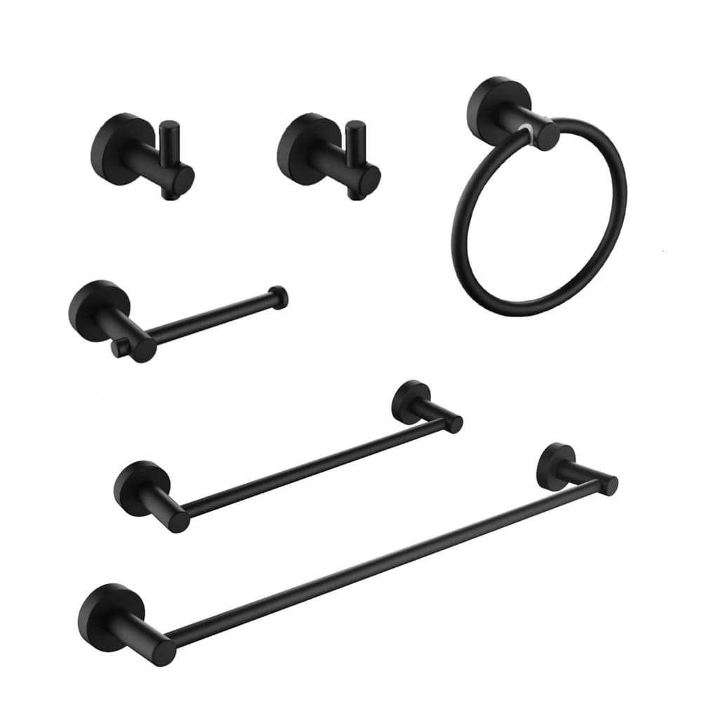 6-Piece Aluminum Bath Hardware Set with Hand Towel Bar, Toilet Paper Holder, Robe Towel Hooks, in Matte Black