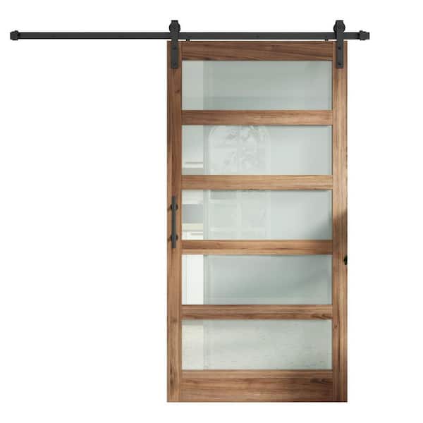 48 in. x 96 in. 5-Lite Tempered Frosted Glass Brown Finished Solid Core MDF Wood Sliding Barn Door with Hardware Kit