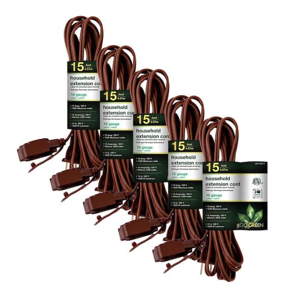 GoGreen Power (G-24815-5) 15 ft. 16/2 Indoor Household Extension Cord, 3 Outlets, Brown, 5 PACK
