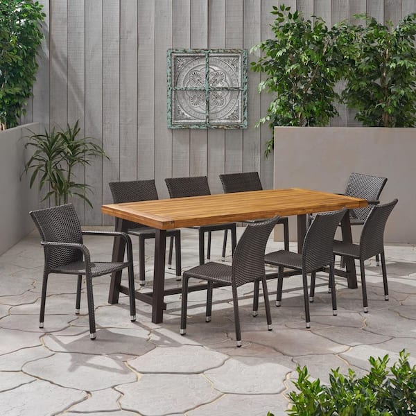Noble House Faigreen 30 in. Multi-Brown 9-Piece Metal Rectangular Outdoor Dining Set